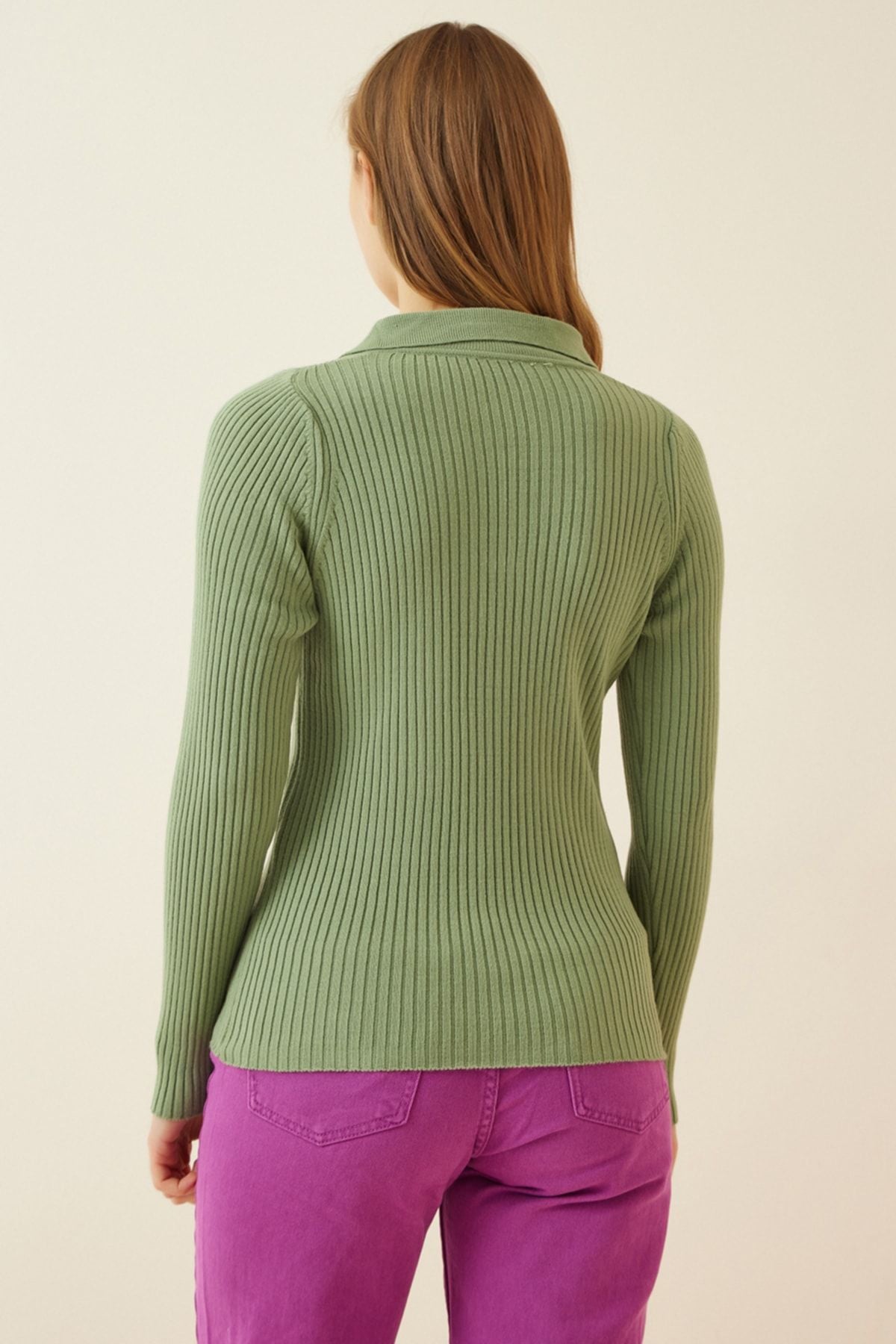 Women's Cagla Green Polo Yaka Various Crop Knitwear sweater VA00028