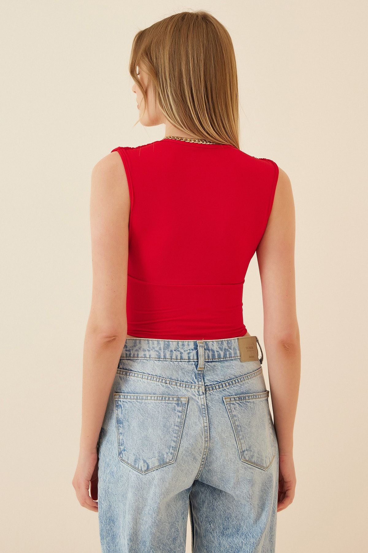 Woman Red deep V -neck Crop sandy knitted blouse BF00039