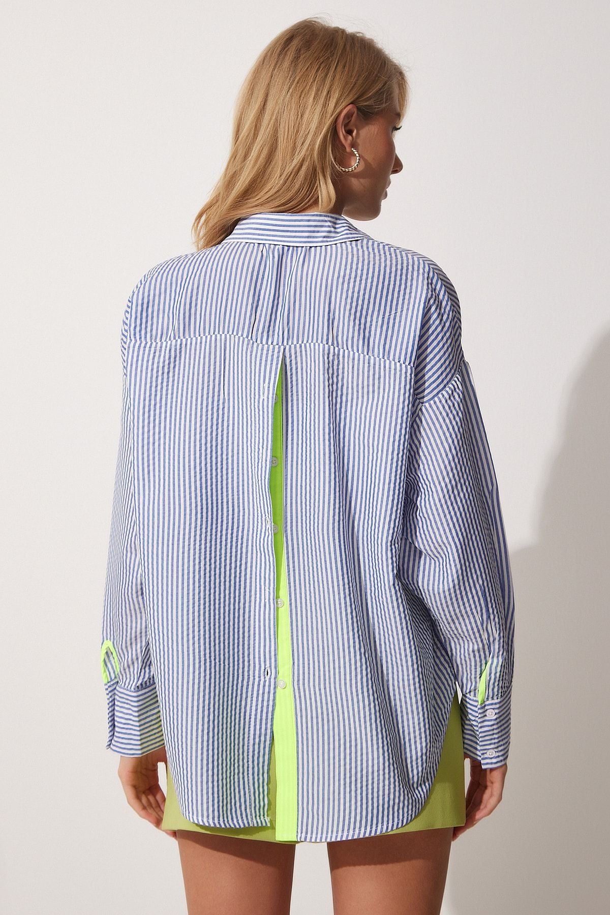 Woman Blue Green Ribbon and Button Detailed Striped Oversize Shirt DX00006