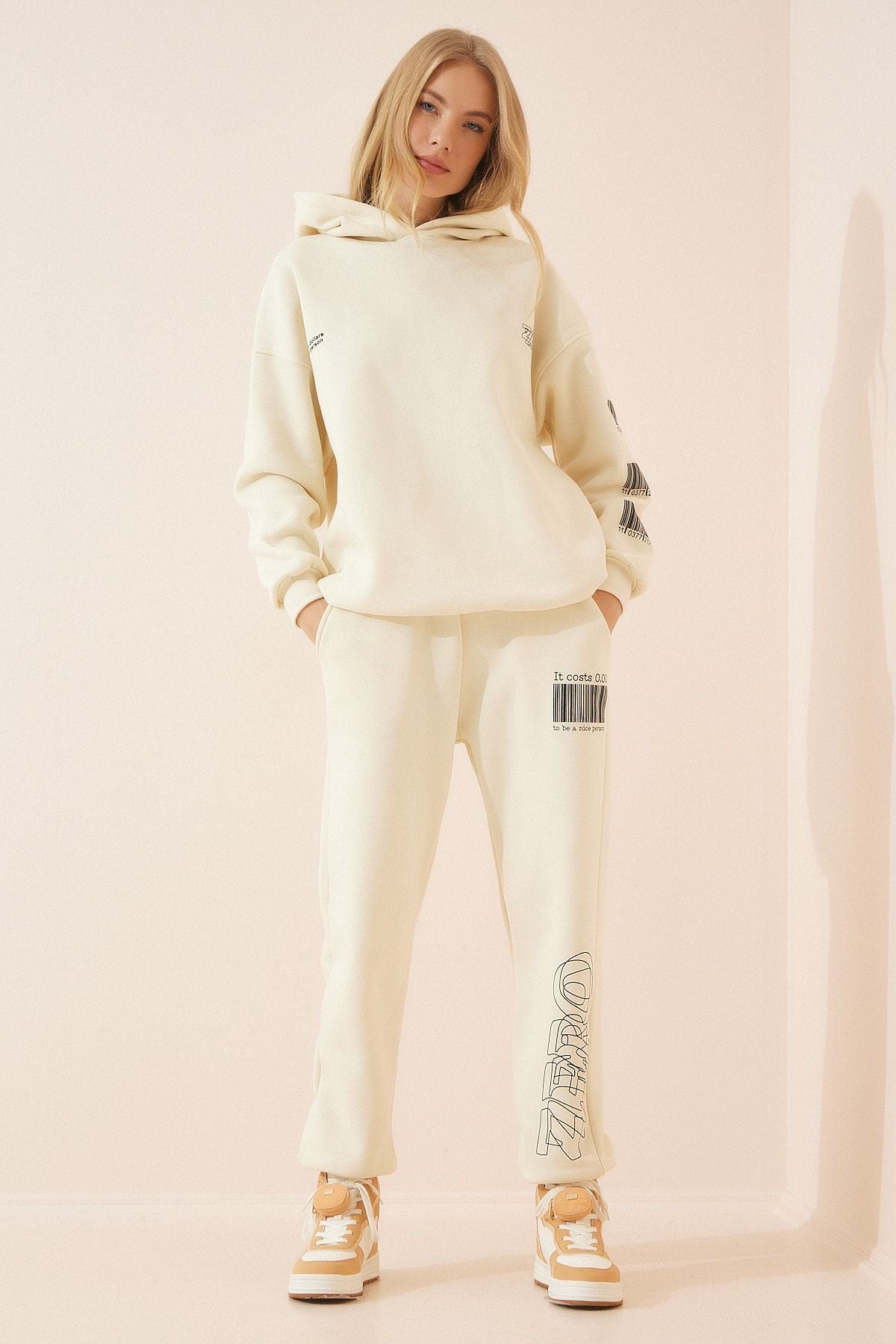 Woman Light Cream Printed Hopeding Oversiz Knitting Tracksuit Set CR00391