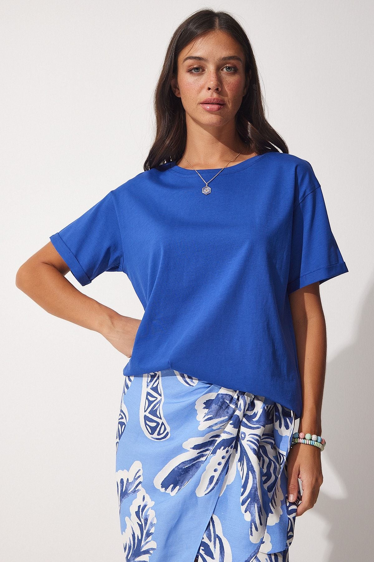 Women's Blue Bicycle Collar Cotton Plenty Knitting T-Shirt UB00053