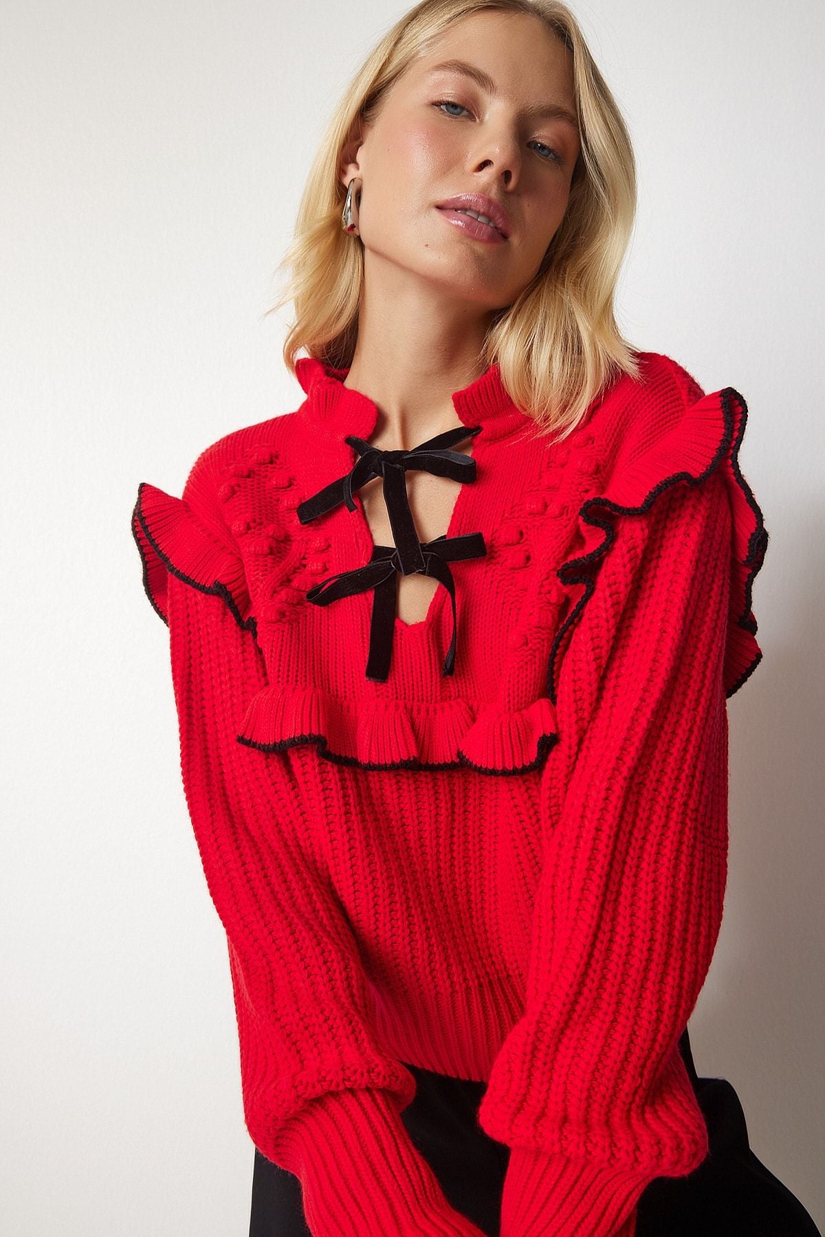 Woman Red Ruffle Bow Bow Triko Sweater MT00112
