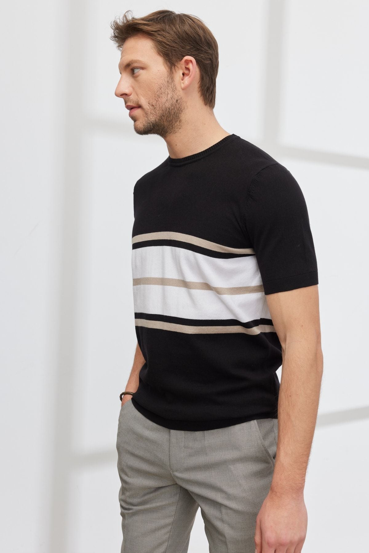 Men's Glass-Equipment Standard Fit Normal Normal Cut Bike Yaka 100 %Cotton Striped Triko T-shirt