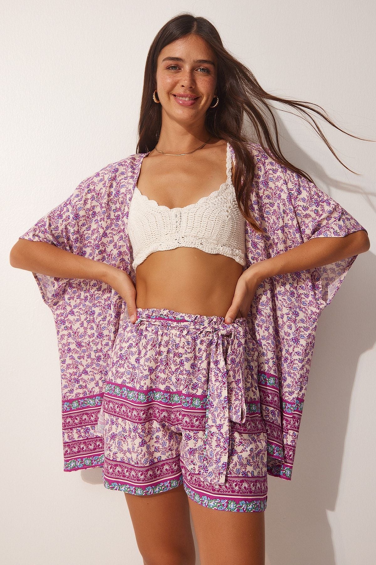 Female Pattern Patterned Viscose Kimono Short Set FN03067