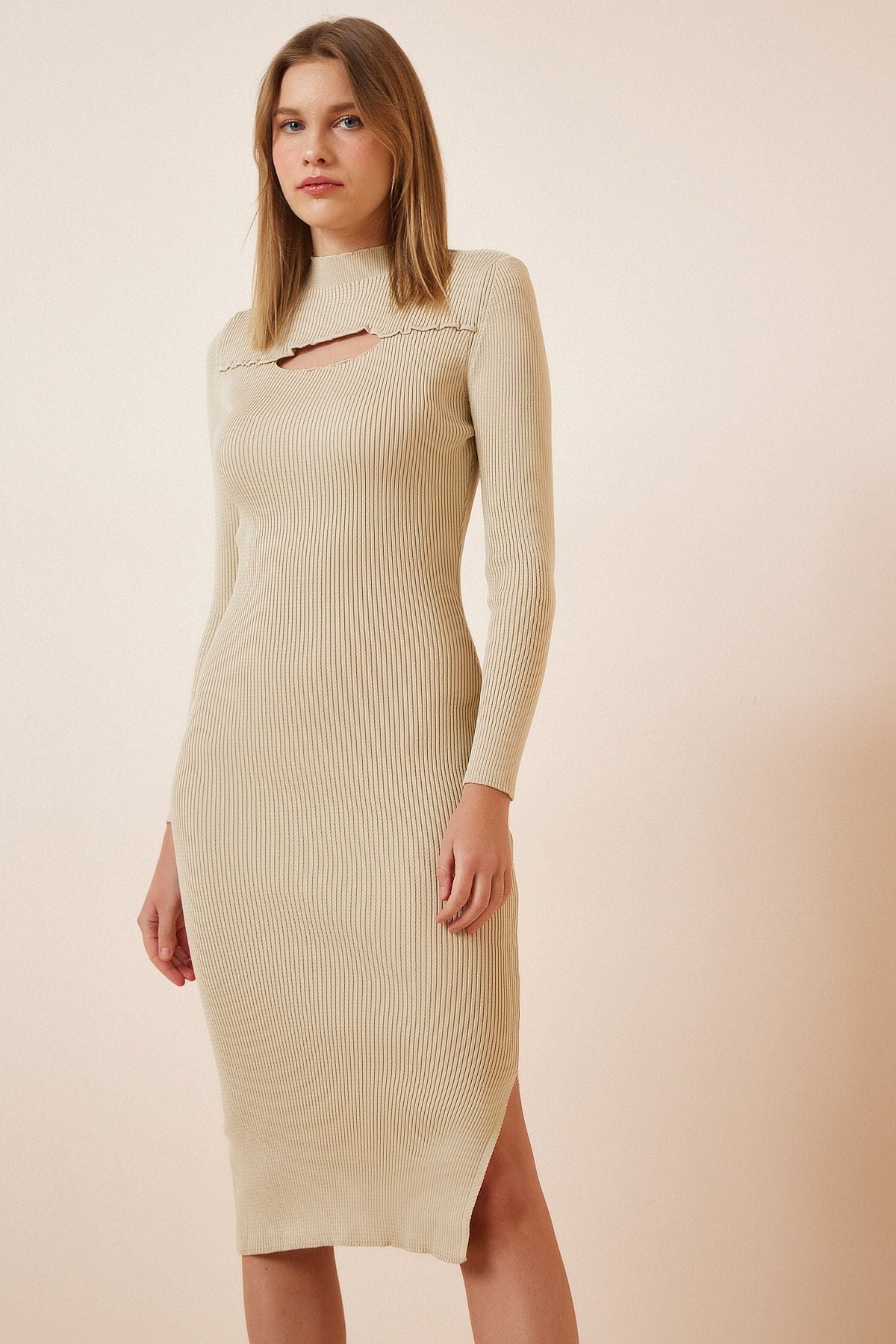 Female Beige Cut Out Detailed Midi knitwear dress ER00041