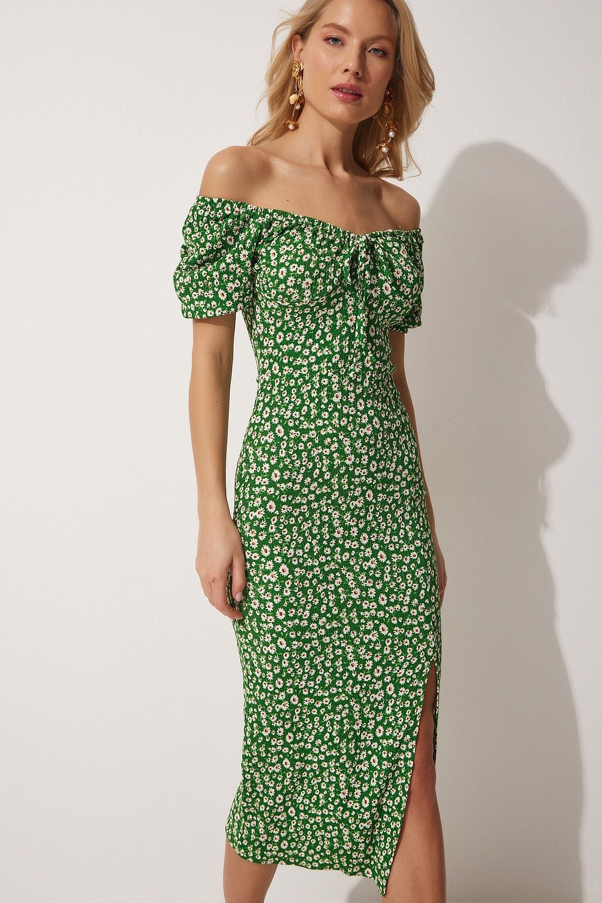 Woman Green Carmen Yaka Silled Summer Knitting Dress FF00113