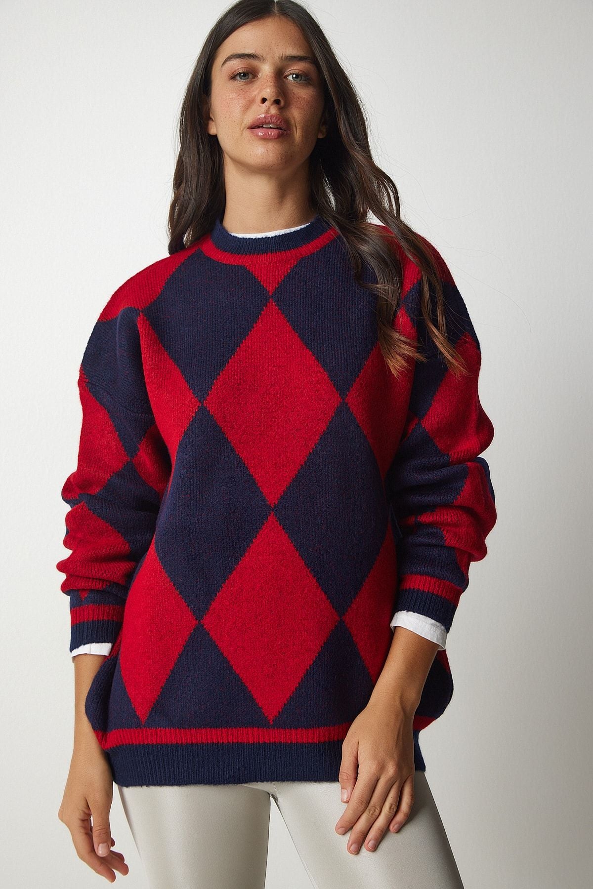 Woman Red Baklava Patterned Oversize Knitwear Kazakh YY00161