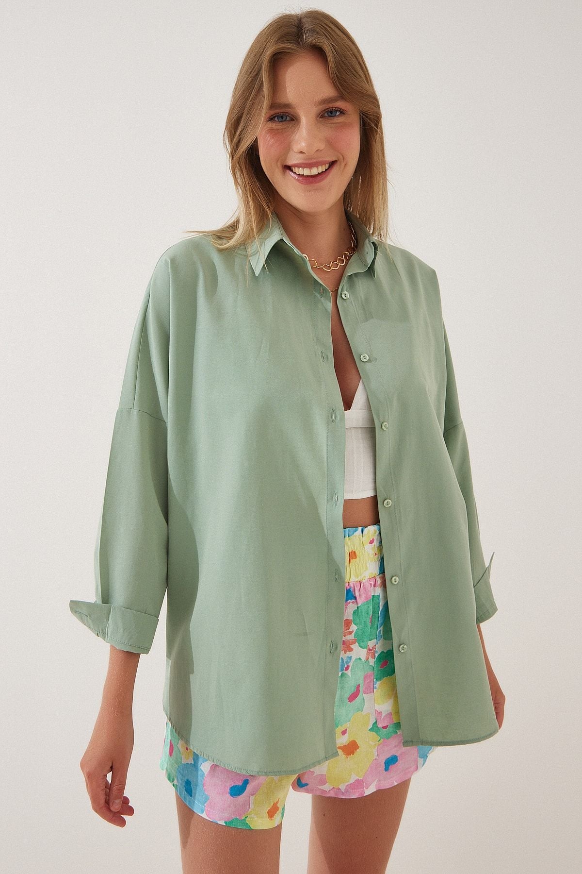 Woman Open Cagla Green Oversize Long Basic Shirt DD00842