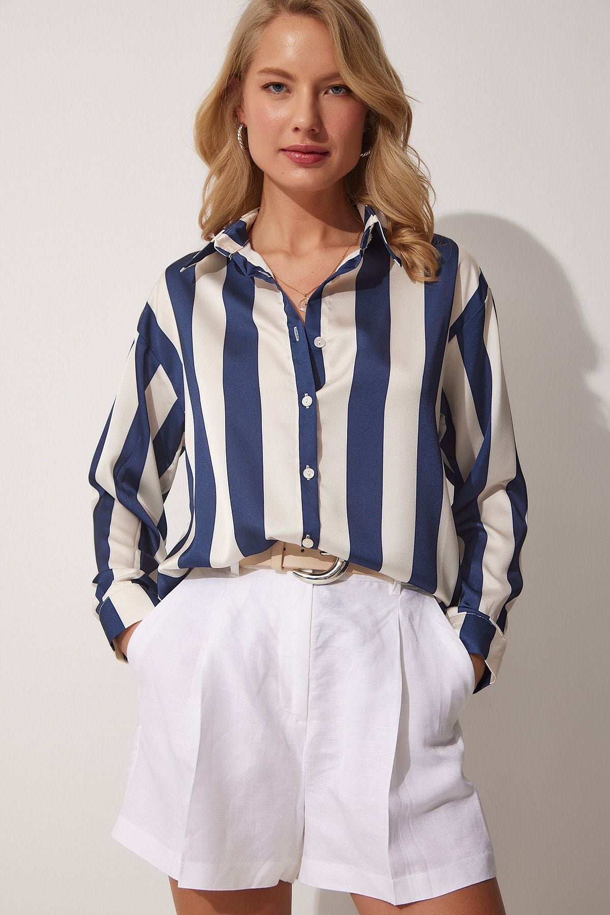 Woman Navy blue cream striped satin shirt DD01206