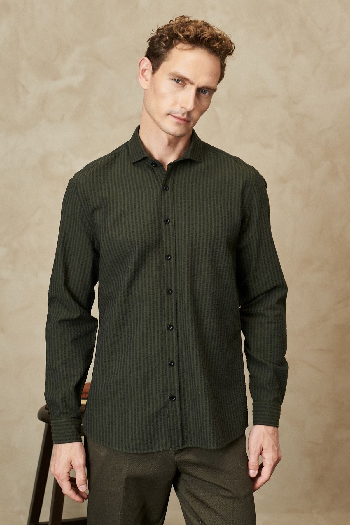 Men's Khaki Slim Fit Narrow Cutting Italian collar 100 %Cotton Wafer Shirt