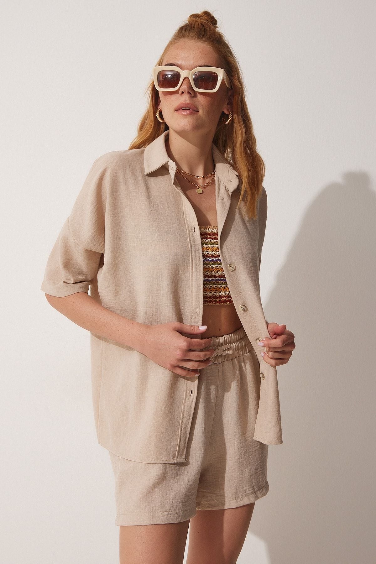 Female Beige Summer Linen Shirt Short Set CI00082