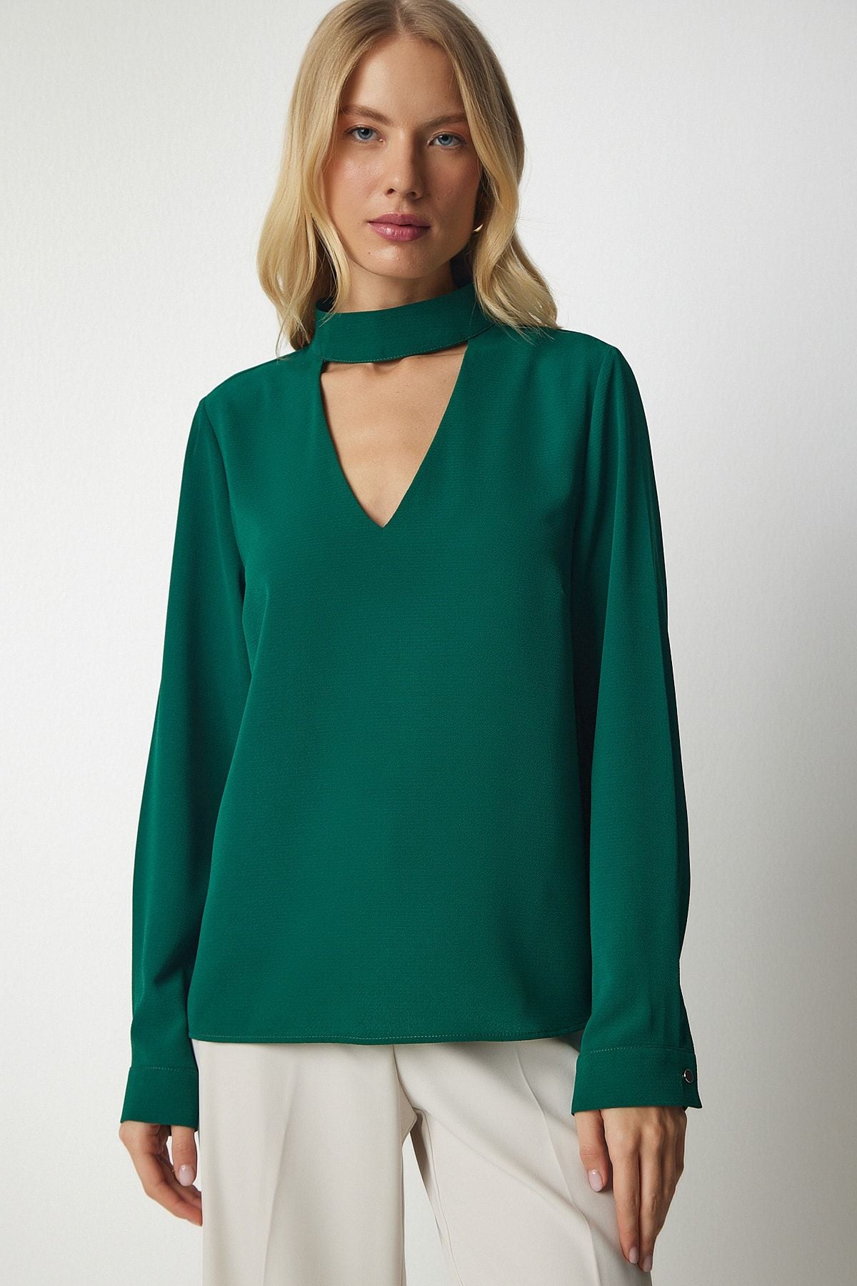 Female emerald green window detailed crepe blouse UB00155