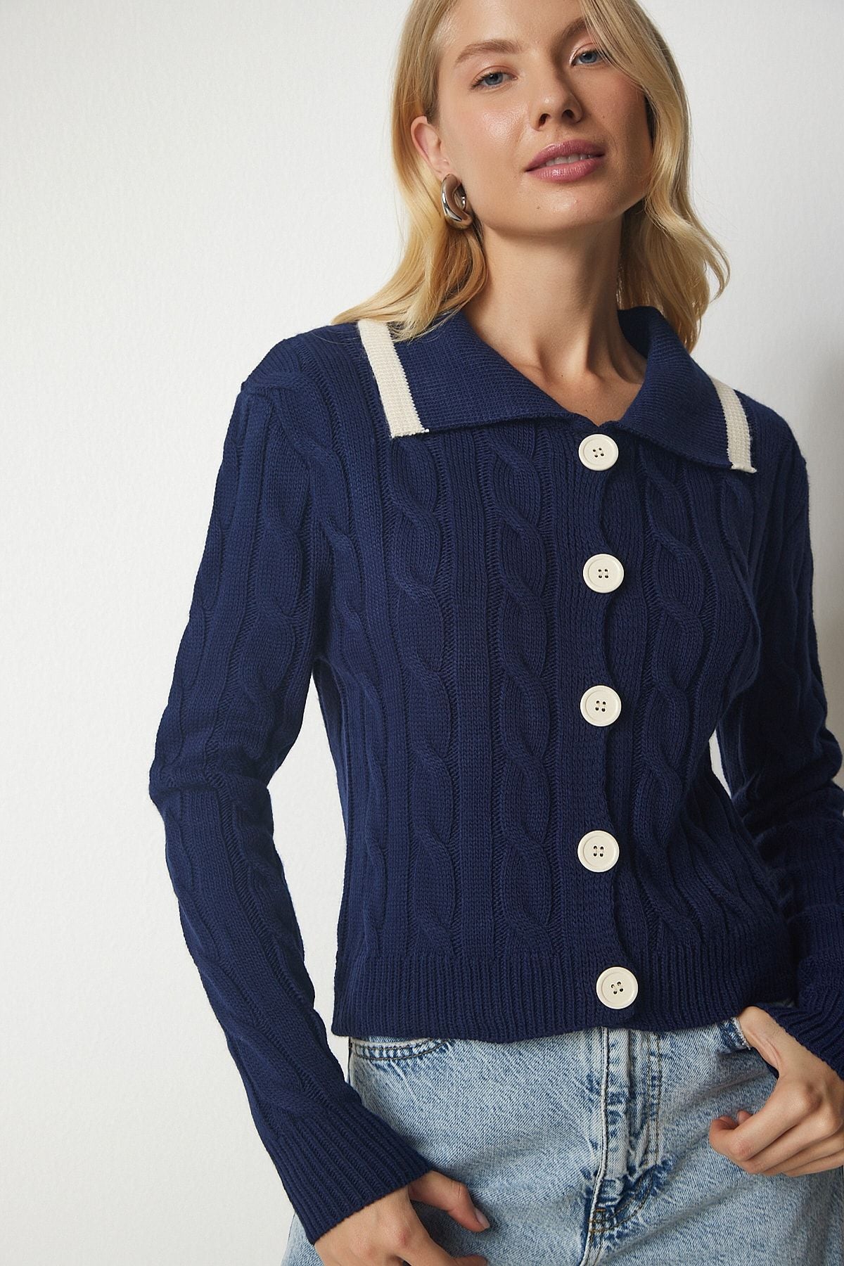 Women's Navy Blue Knitting Motif button knitwear cardigan MX00143