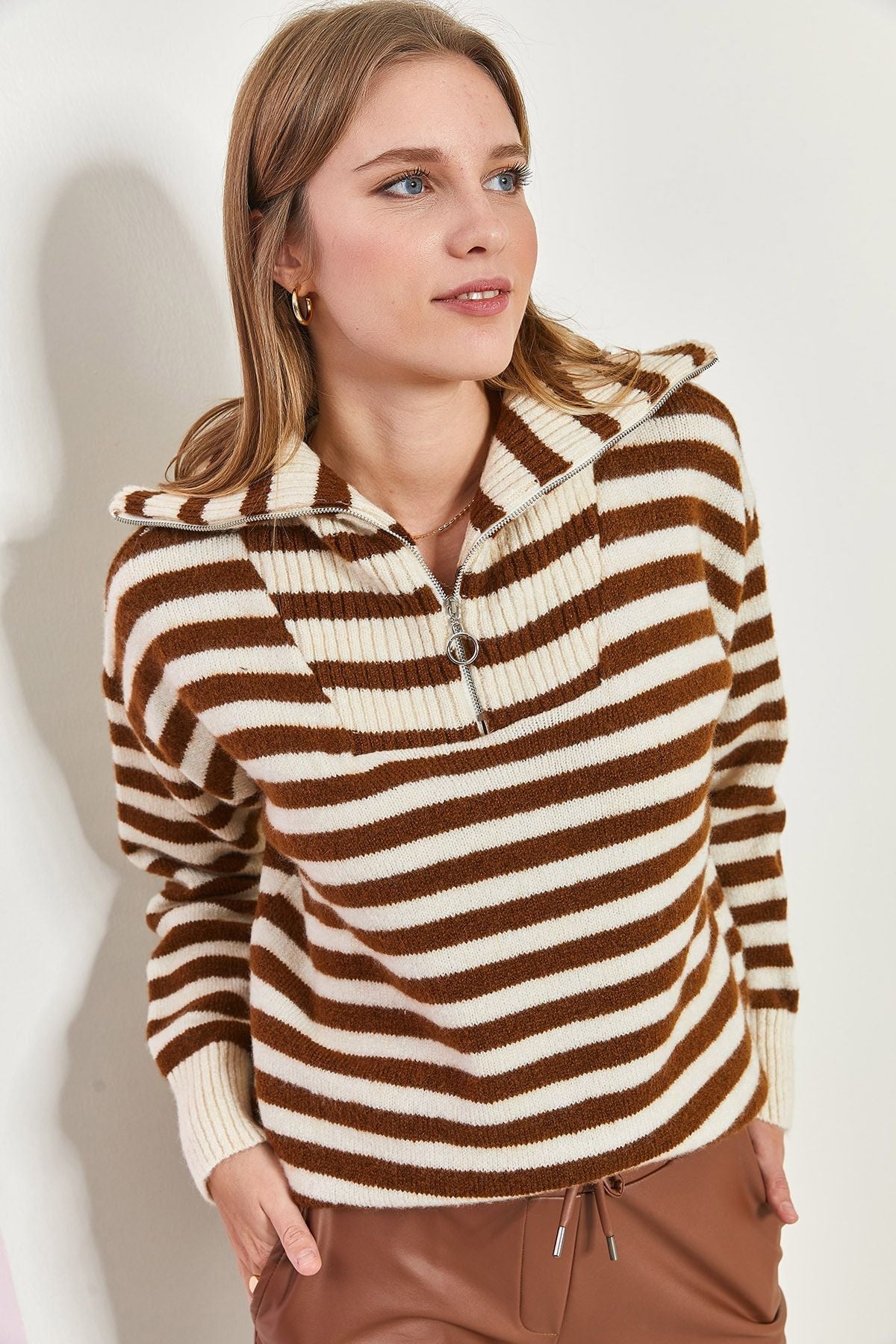 Female Fisherman Near Zipper Striped Oversize knitwear sweater