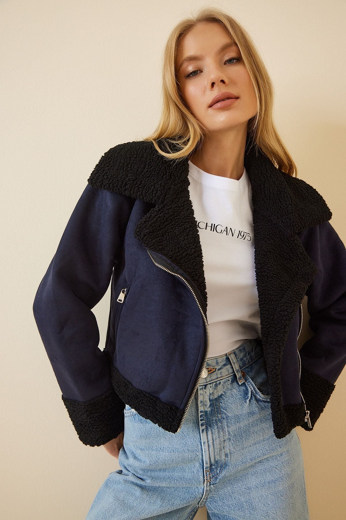 Women's Navy Plush Fur detailed artificial leather biker coat BJ00016
