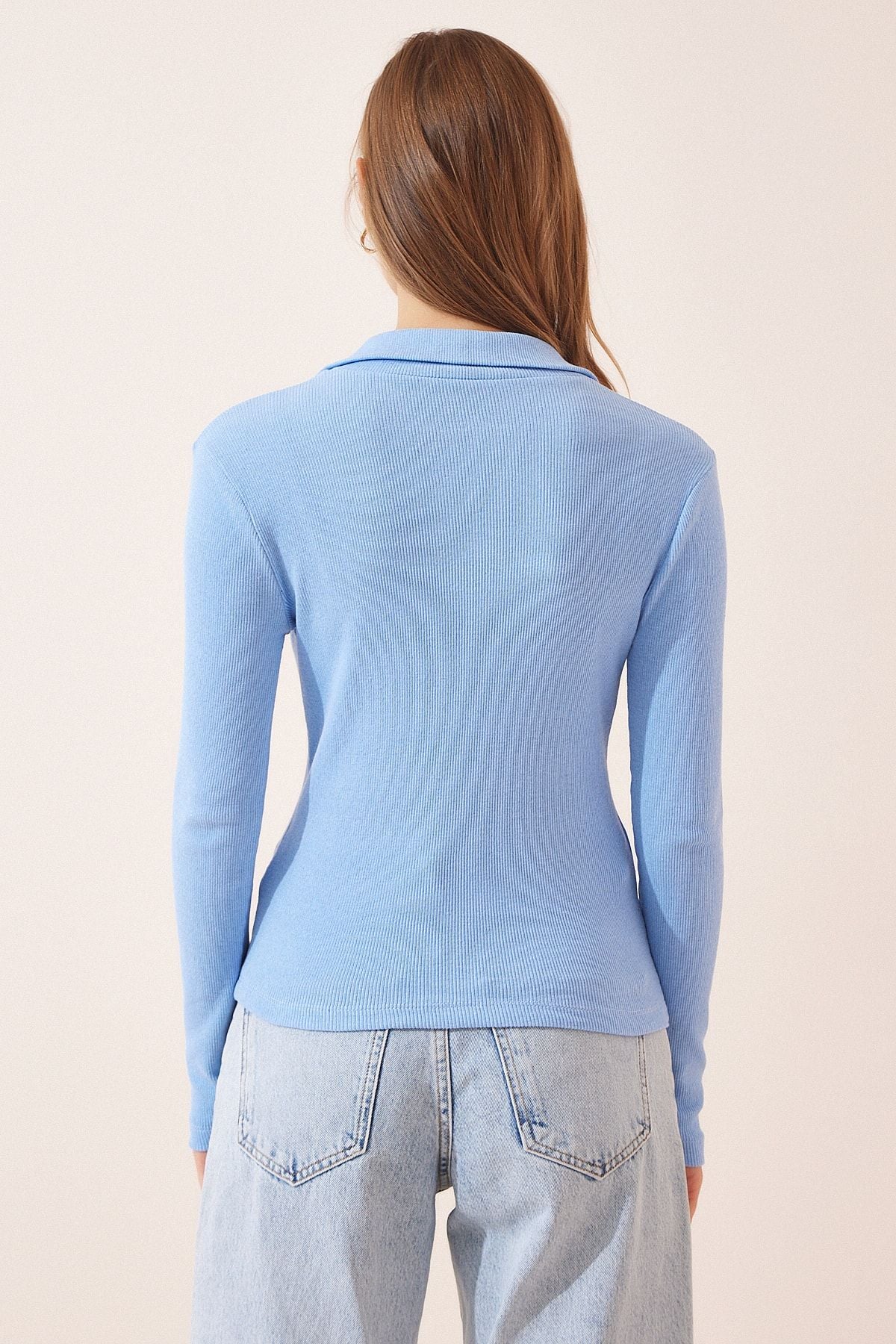Woman Sky Blue Polo Yaka Consplicity Knitting Blouse GT00111