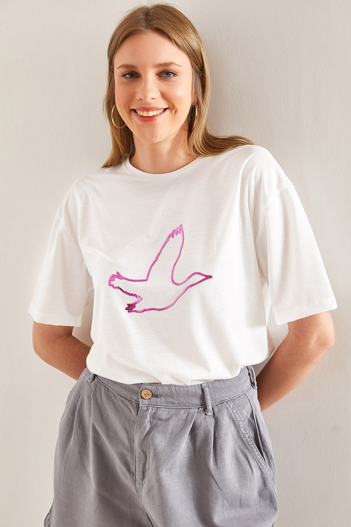 Women's Bird Embroidered Basic Tshirt 40881021