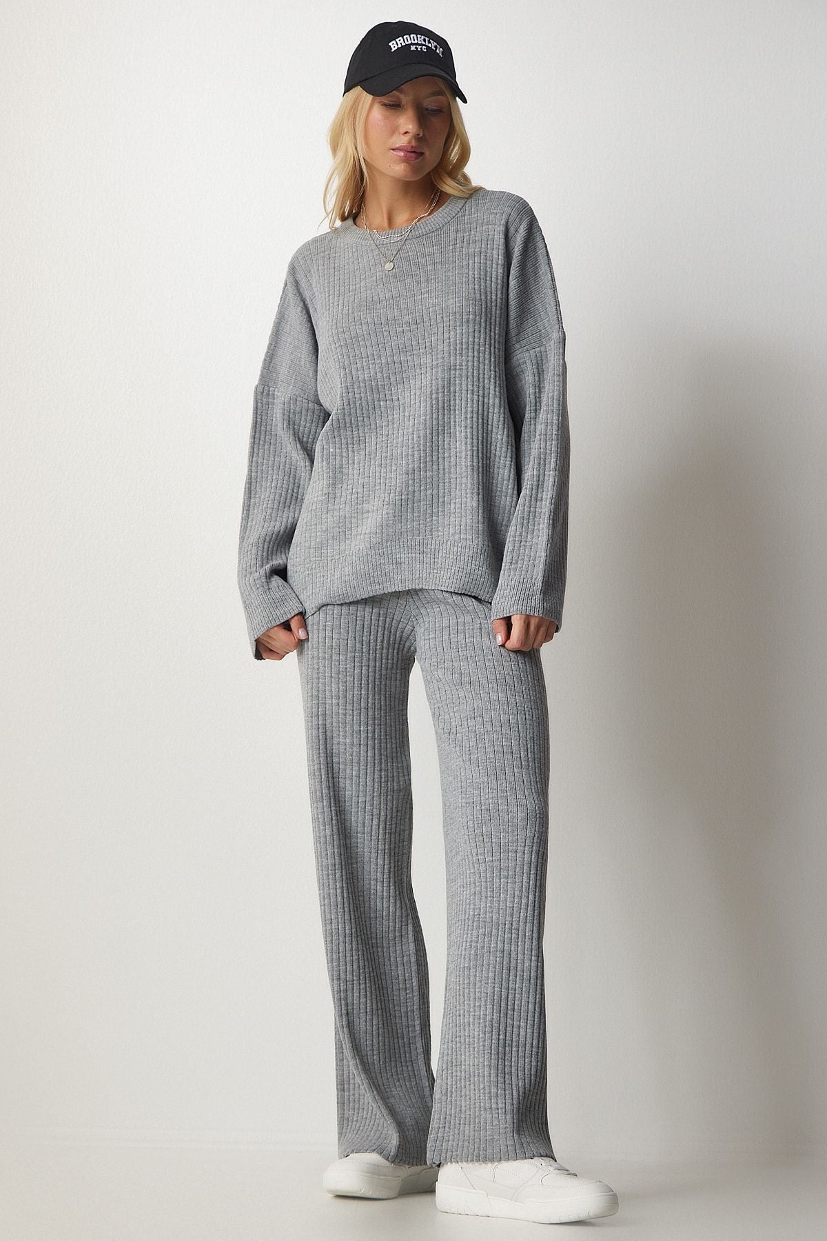 Female Gray Knitwear Cossack Pants Set MX00112