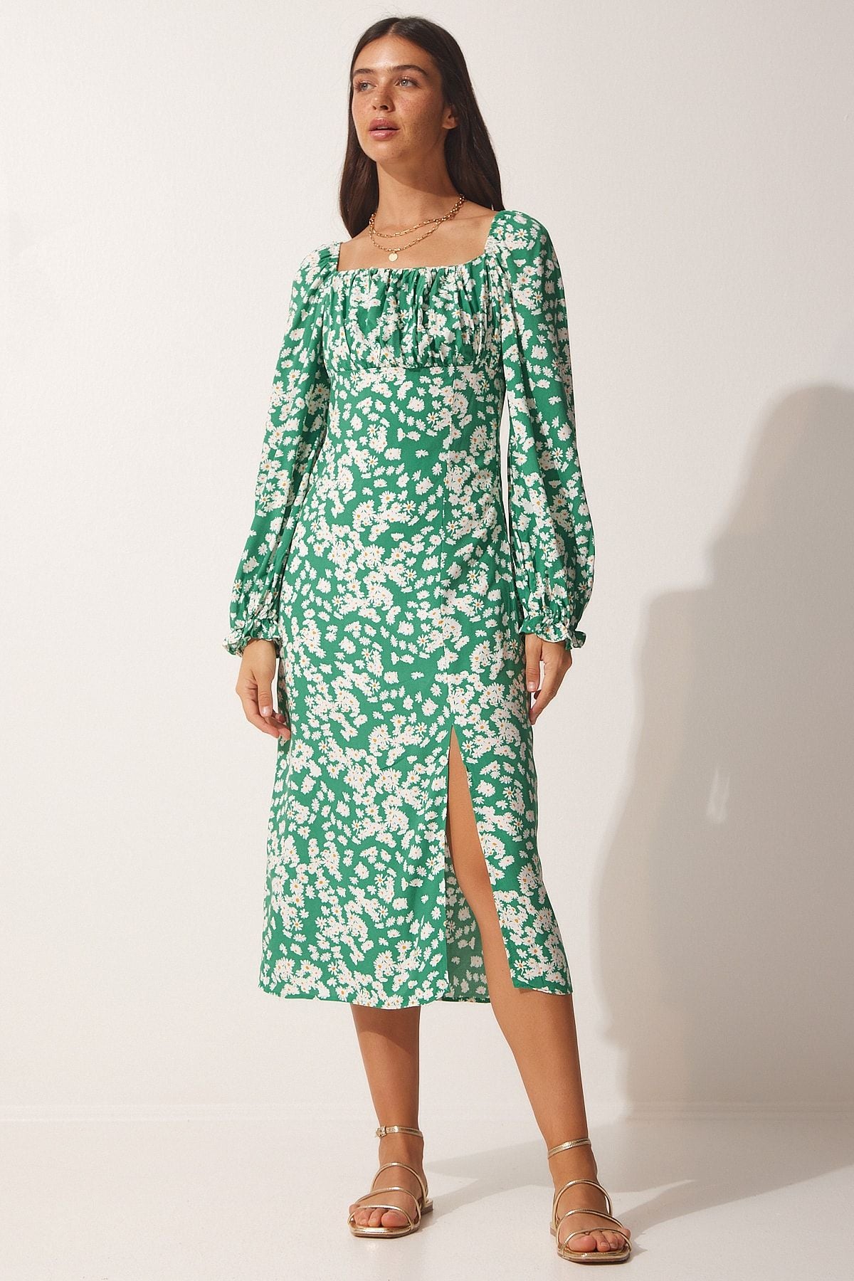 Female green patterned viscose weaving dress FN03073