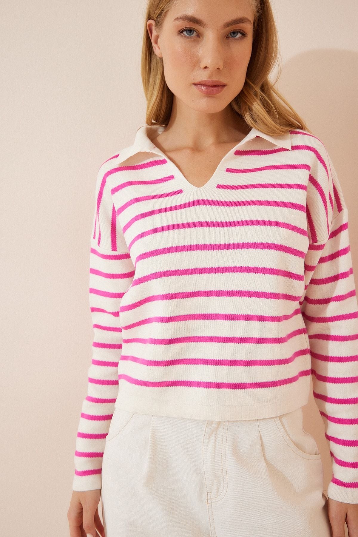 Woman Pink Bone Polo Yaka Crop Knitwear sweater US00293