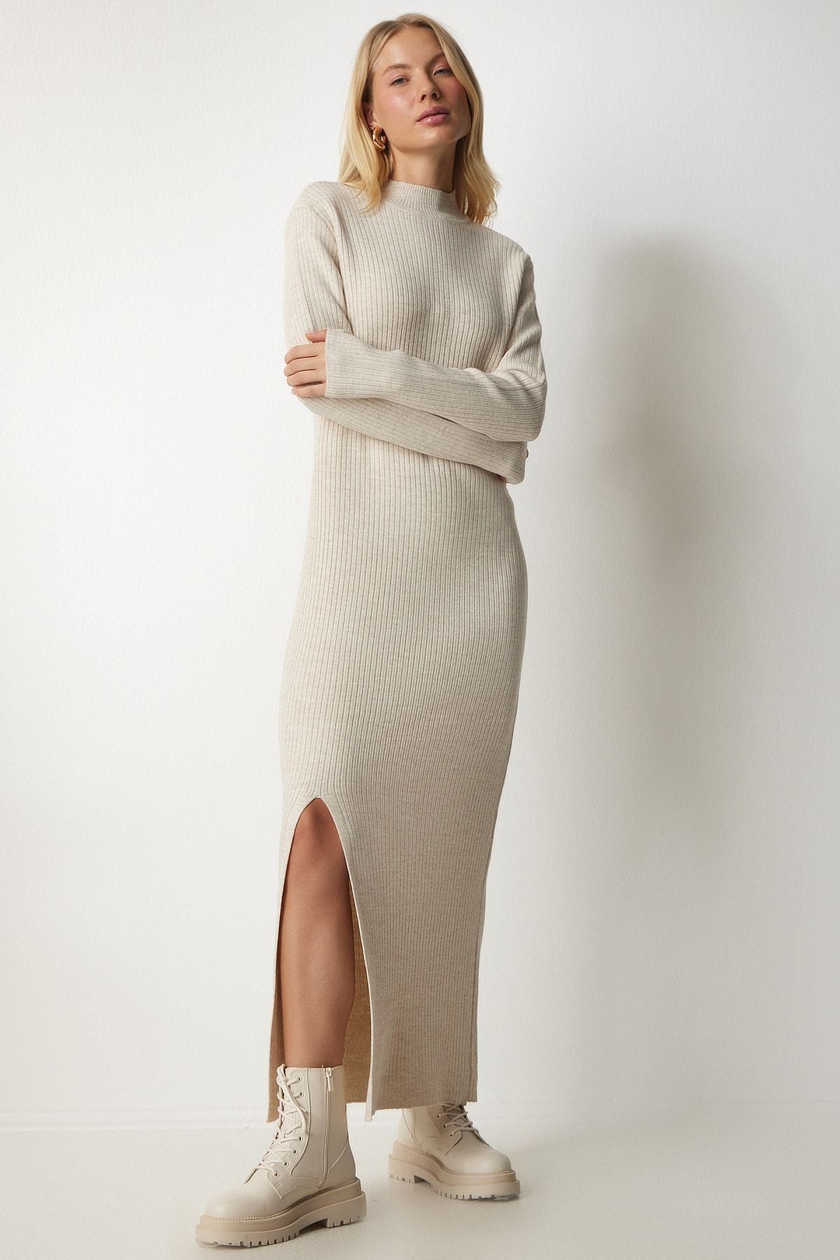 Female Beige Fisherman Collar Slit Long Knitwear Dress YY00163