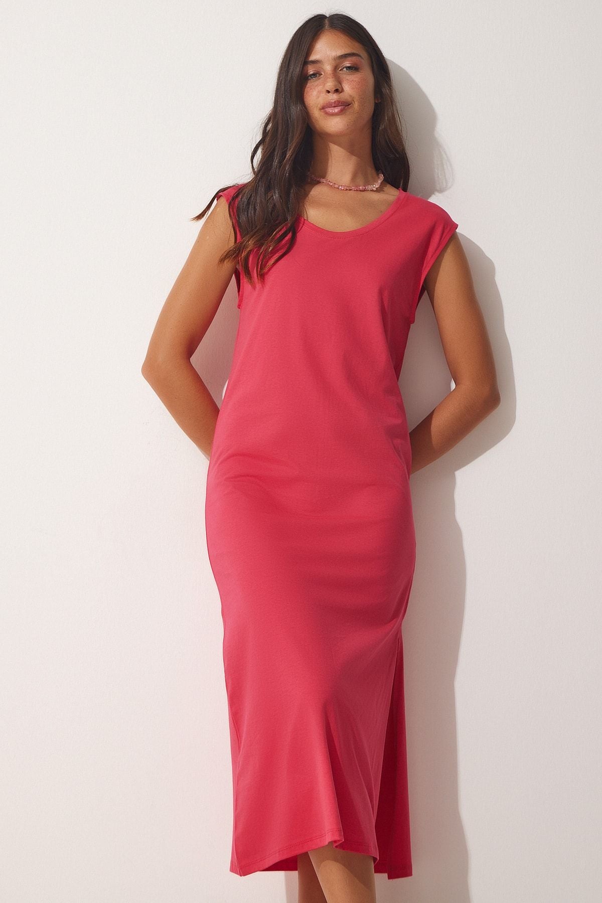 Woman Dark Pink Sleeveless Daily Knitting Dress UB00112
