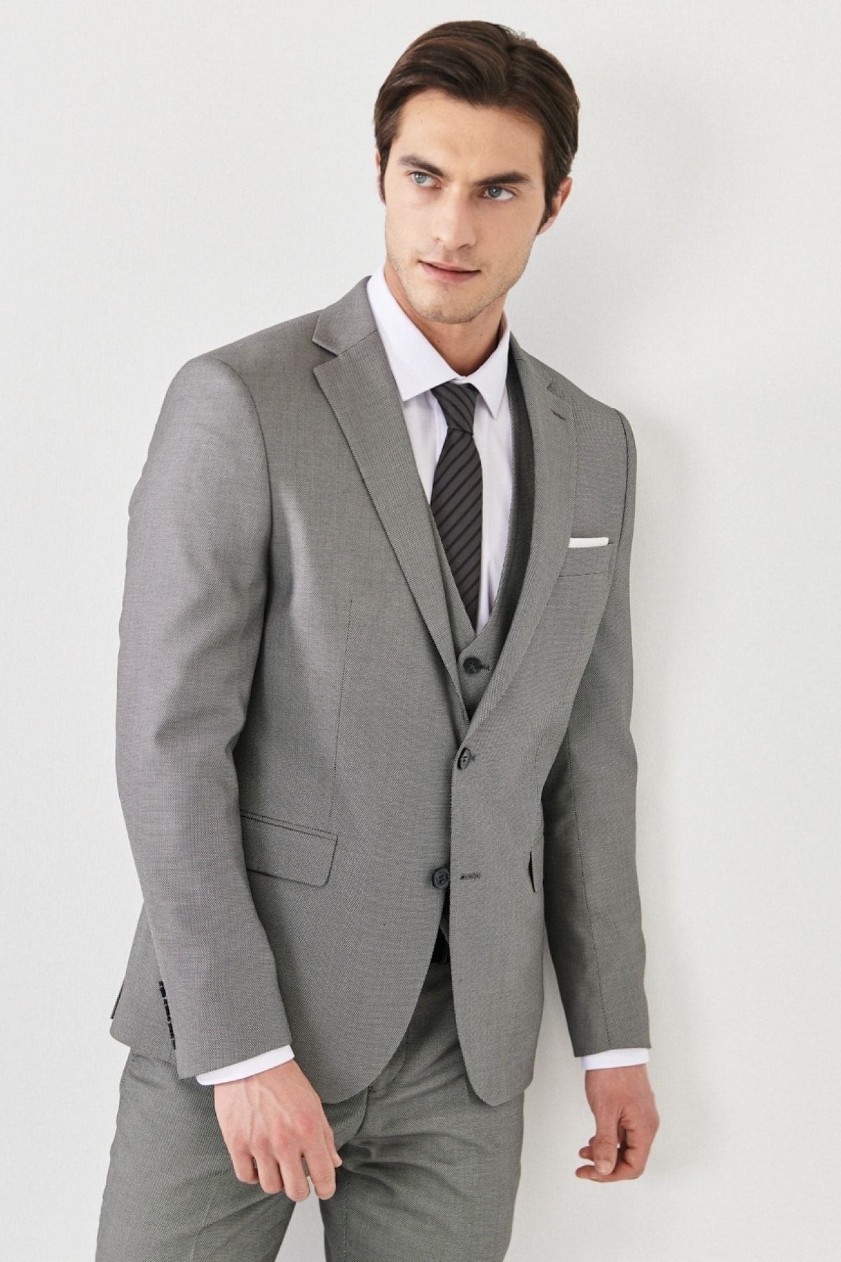 Men's gray-black slim fit narrow cutting mono collar patterned vest suit suits