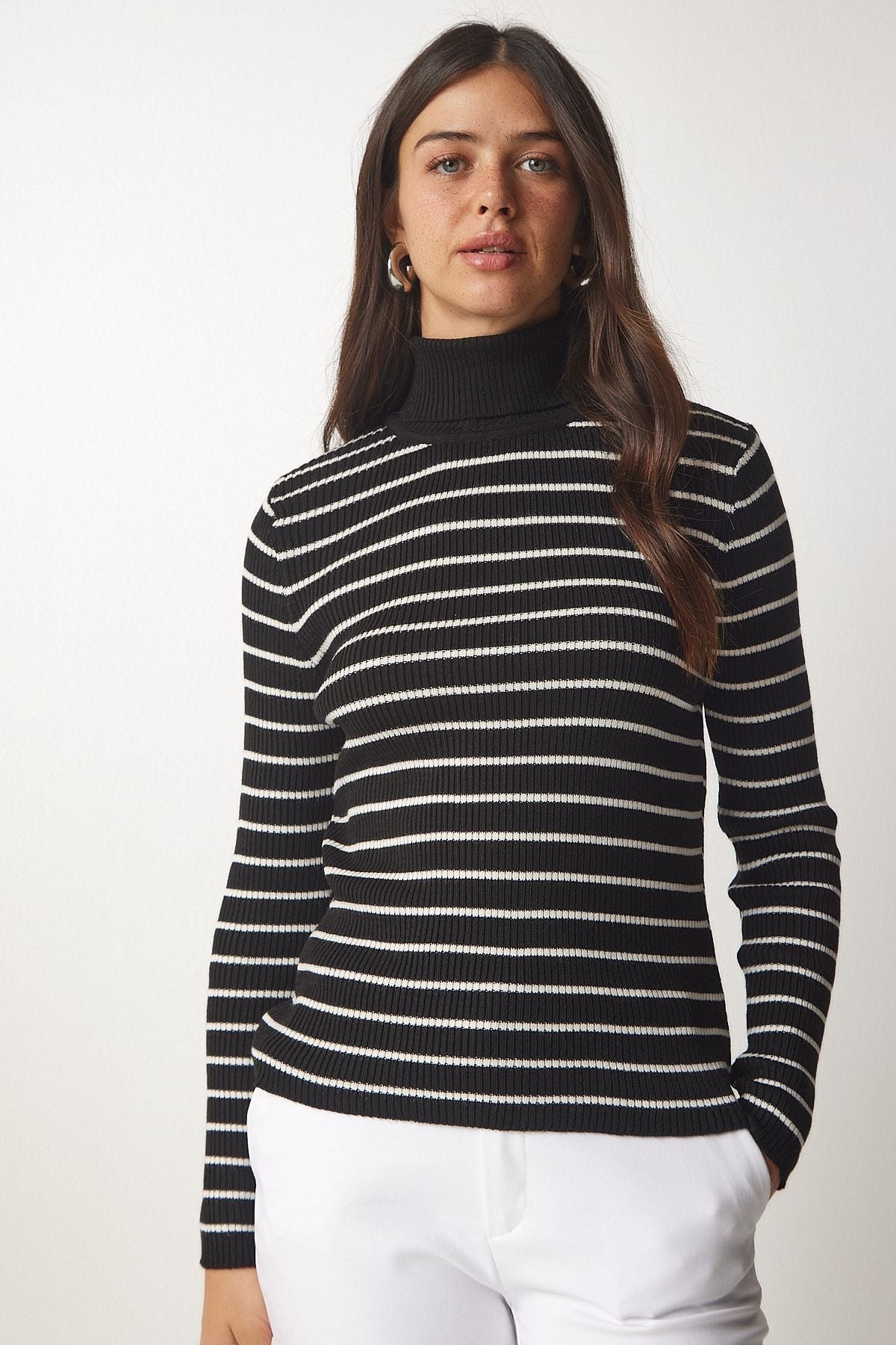 Female black striped fisherman collar knitwear sweater BP00146