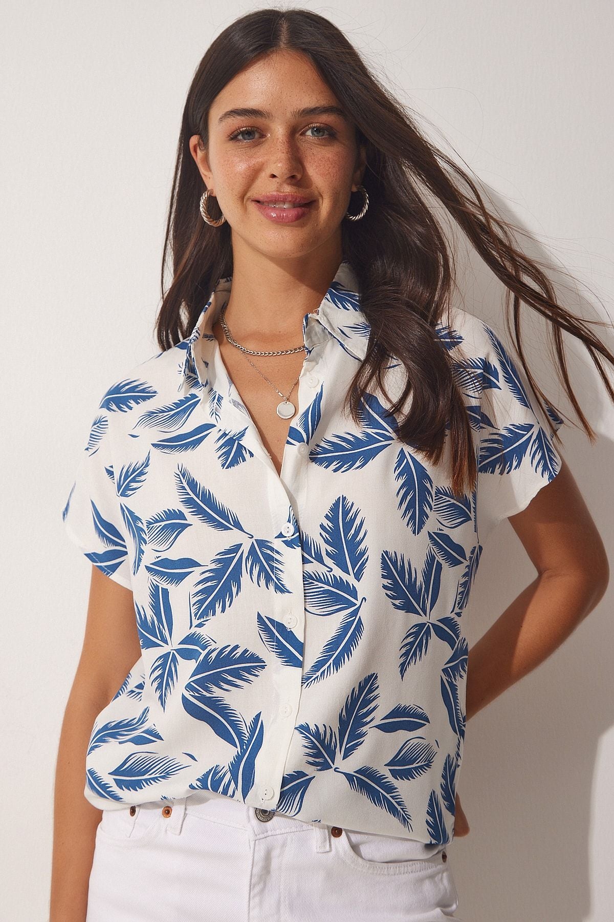 Female Blue White Patterned viscose shirt BH00408