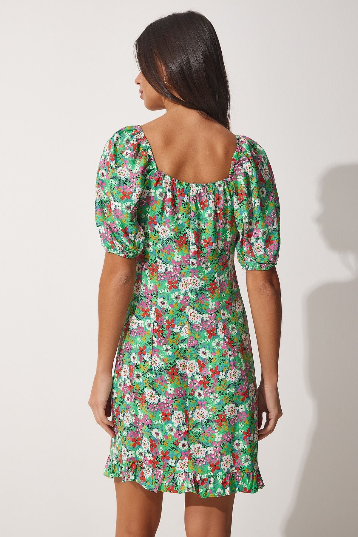 Female Green Carmen Yaka Floral Balloon Sleeve Summer Dress to00063