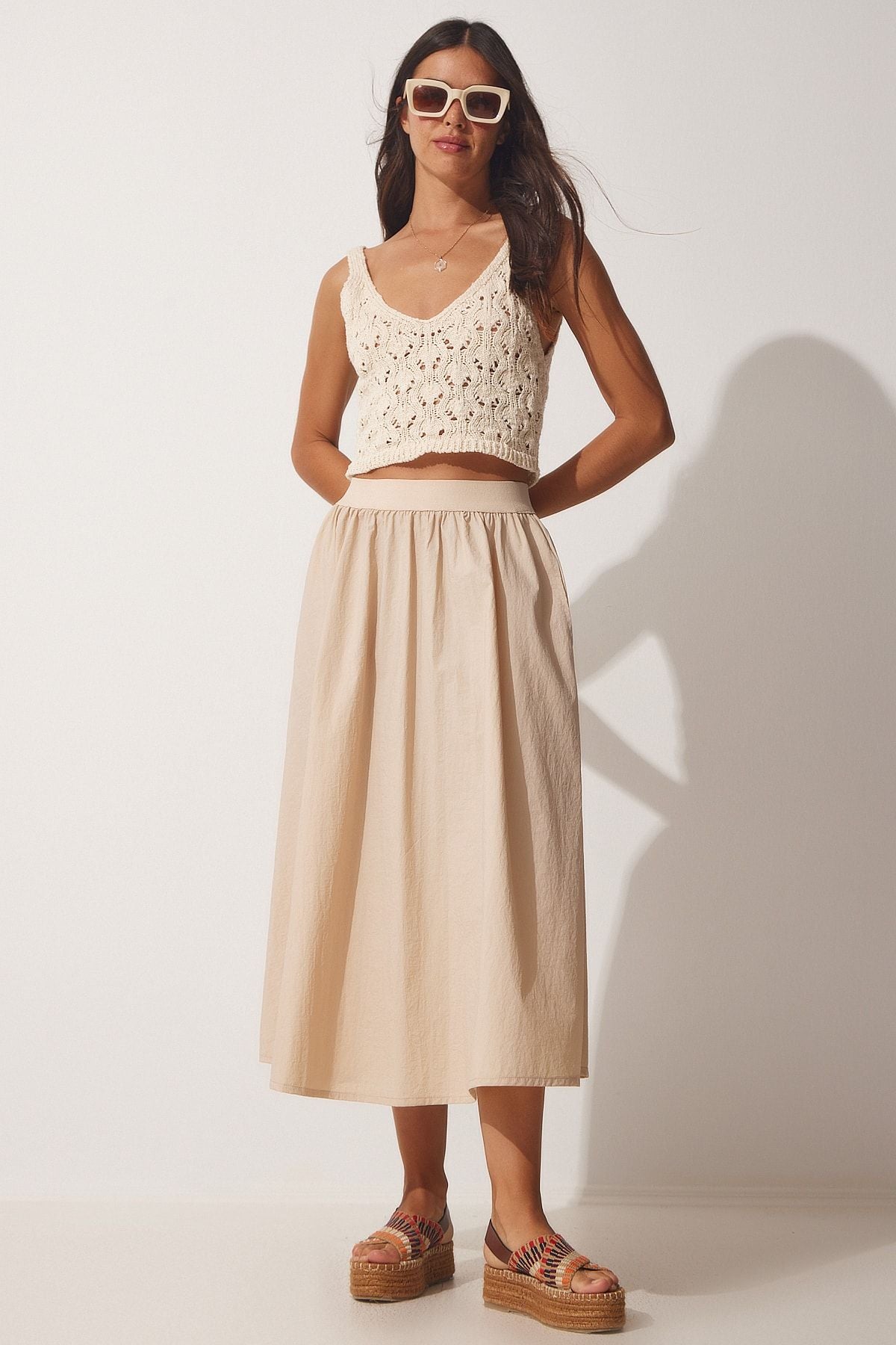 Women's Cream Balloon Parachute Midi Skirt UL00008