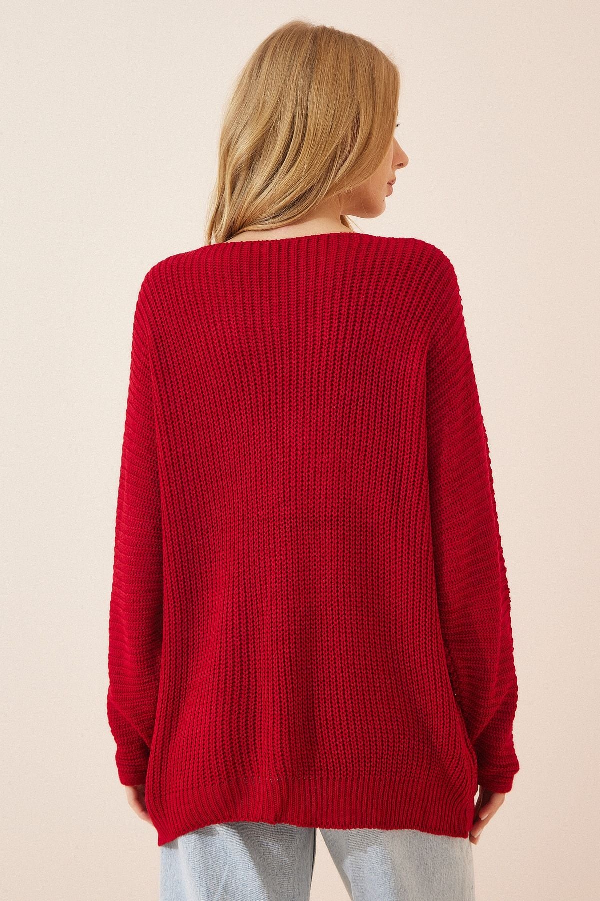 Woman Red V -Neck Thessaloniki Knitting Oversize Knitwear Kazakh ZA00059