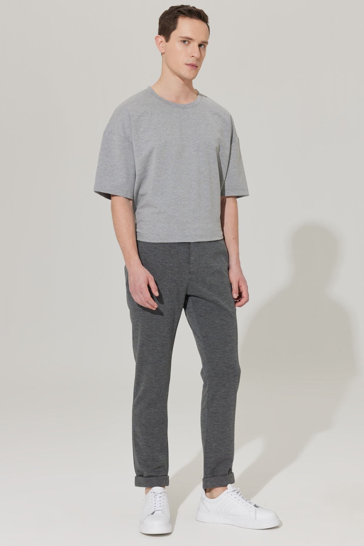 Men's anthracite slim fit narrow cut bird -eyed waist tied jogger pants