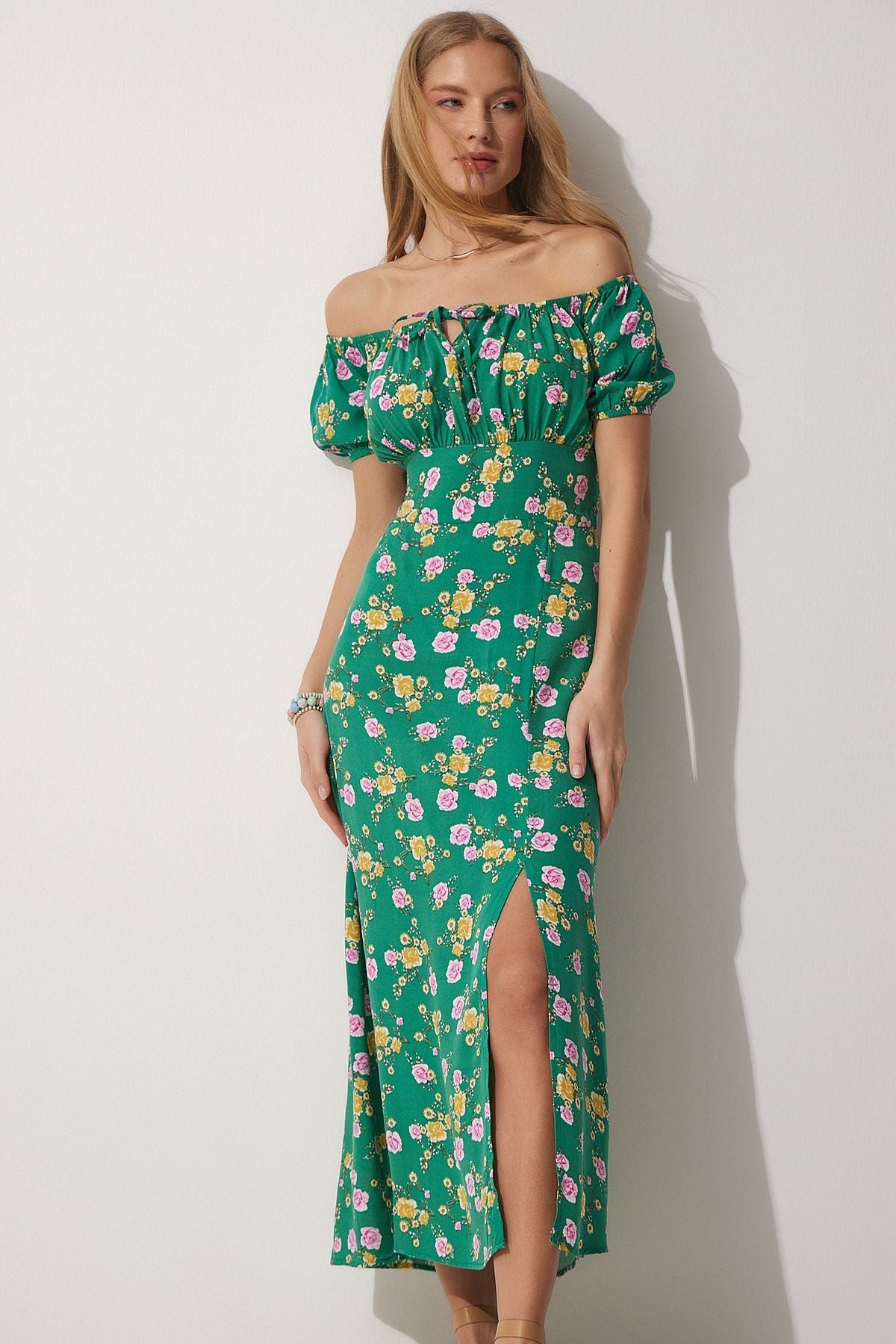 Female Green Flower Shirred Neck Summer Long Viscose Dress DK00143