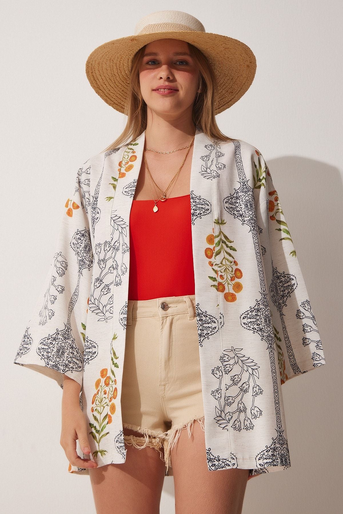 Female Ecru Patterned Linen Kimono MC00190