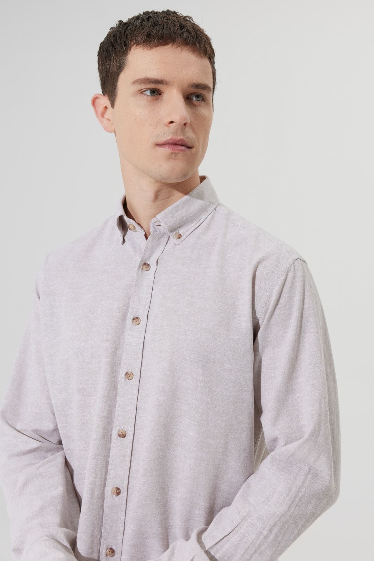 Men's Beige Linen Comfort Fit Casual Cutting Buttoned Neck Shirt