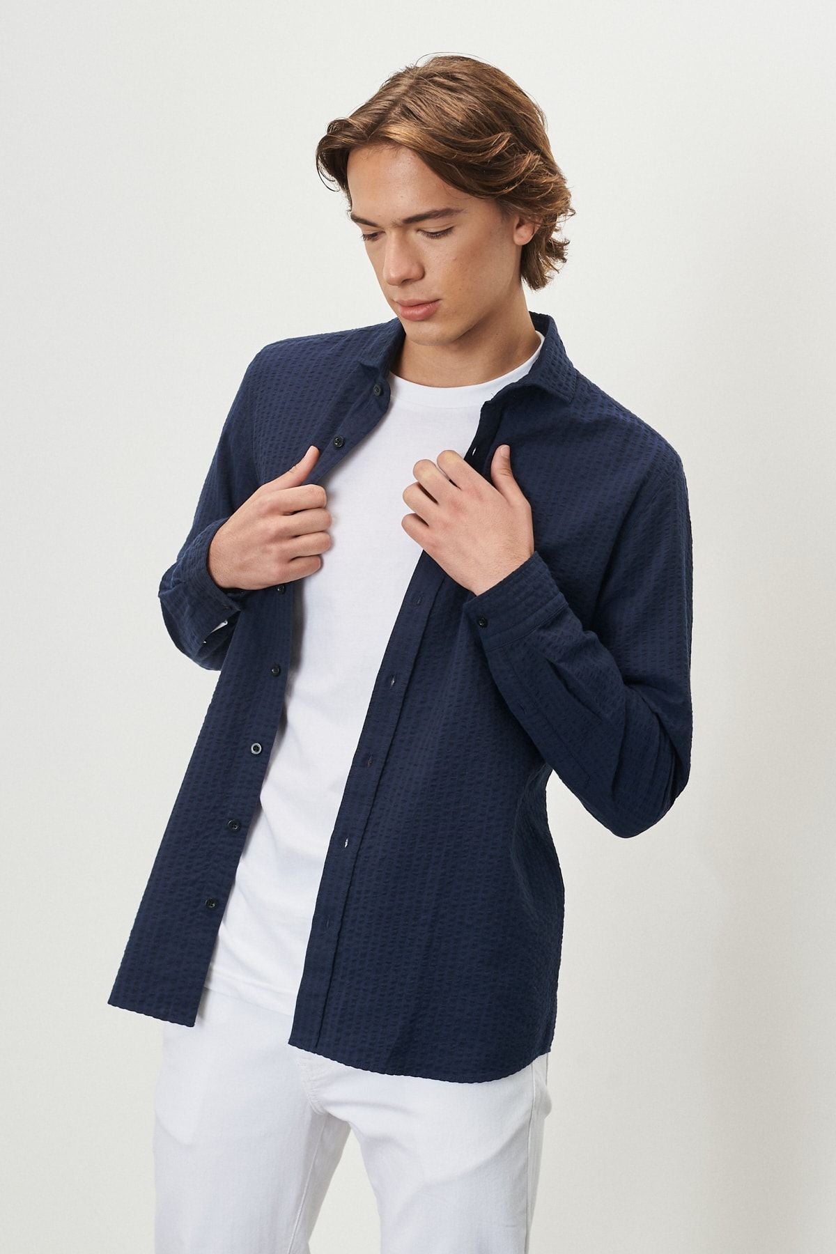 Men's Navy Blue Slim Fit Narrow Cutting Italian collar 100 %Cotton Wafer Shirt