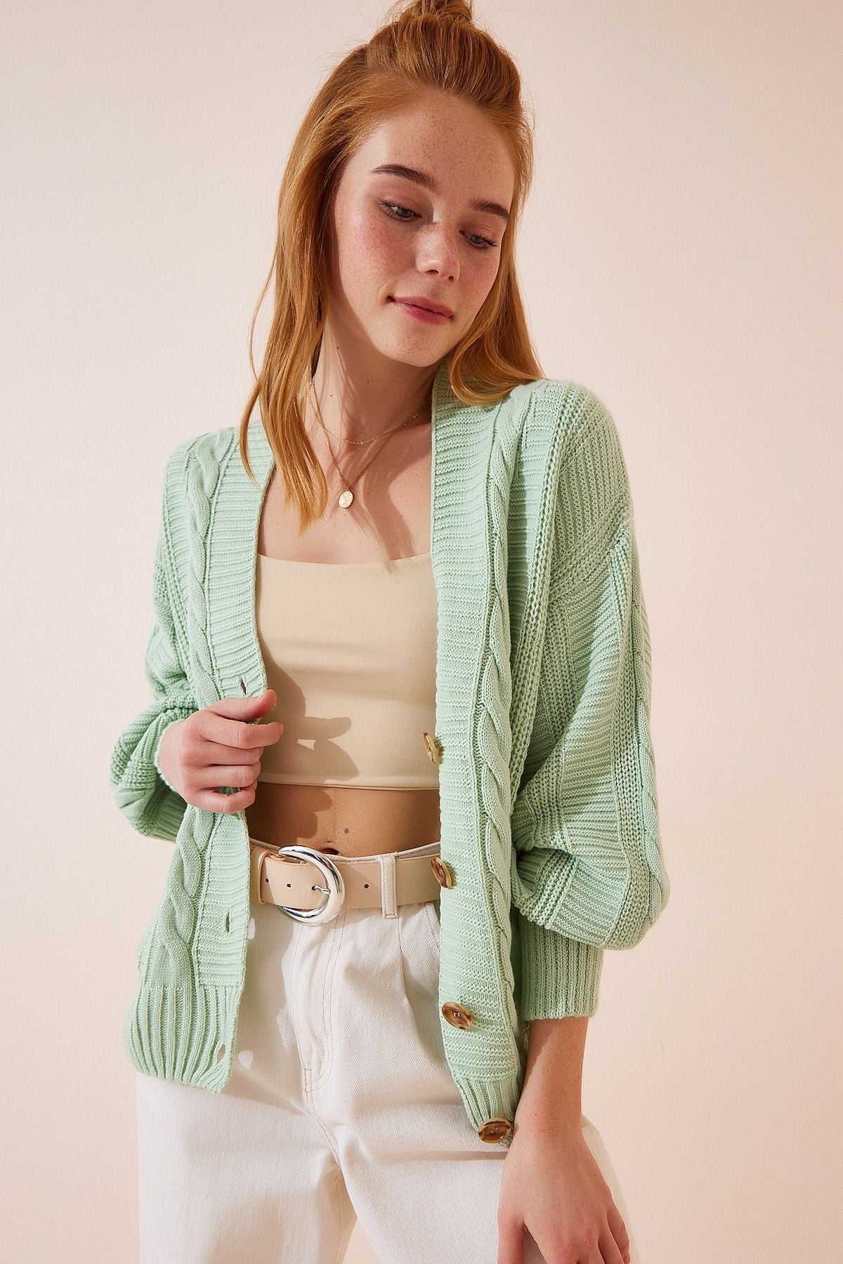 WOMEN'S WATER GREEN BRANNED BALLOAD BALL SLEEP SALAŞ knitwear cardigan za00039