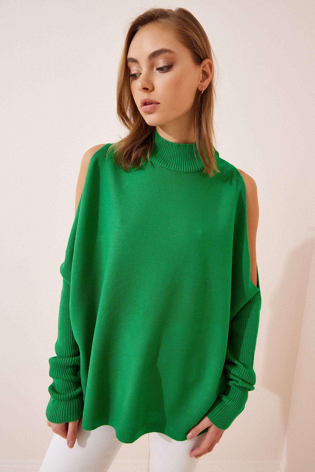 Woman Live Green Cut Out Detailed Oversize Knitwear Sweater AS00015