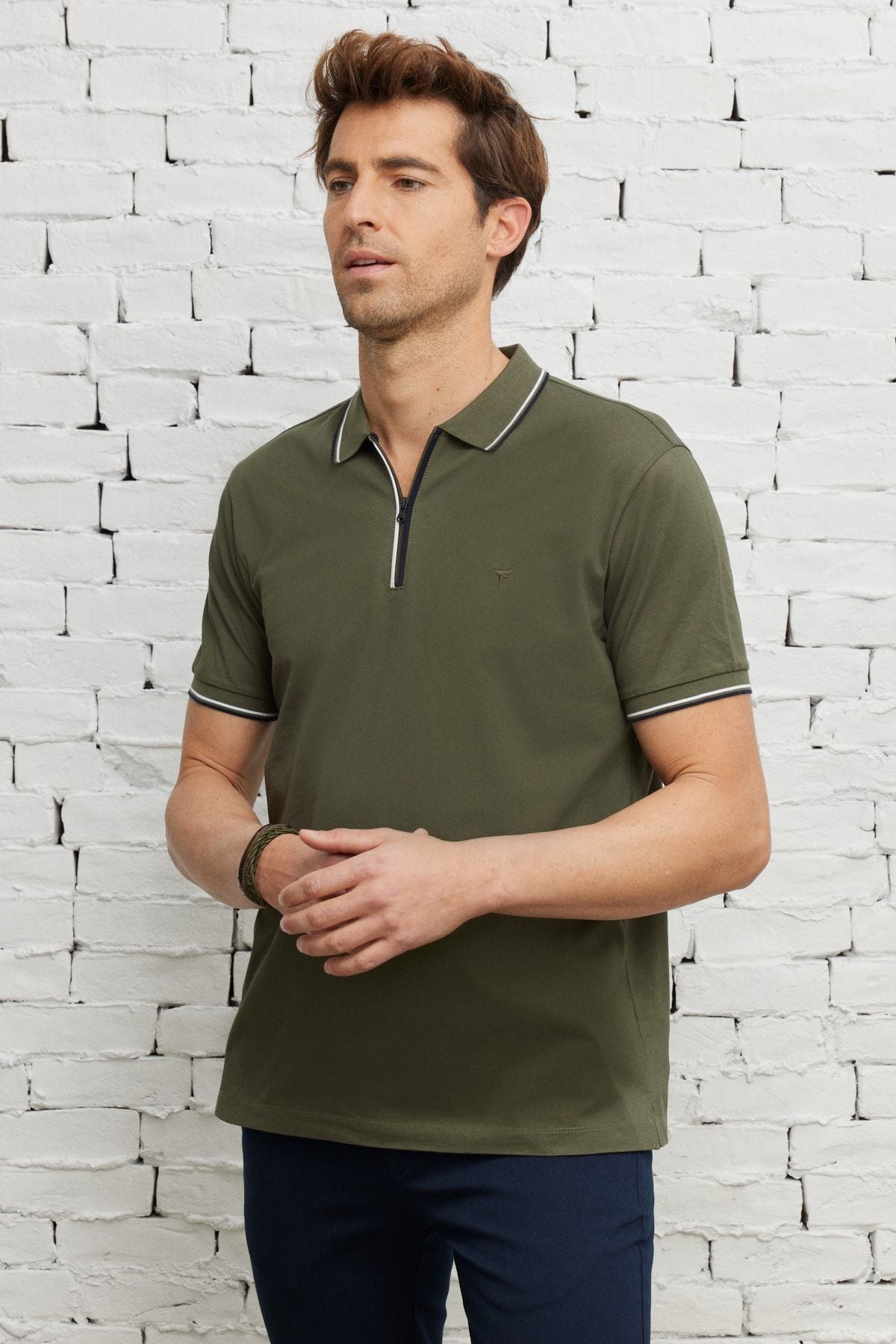 Men's Khaki Slim Fit Narrow Cut Polo Yaka Cotton Short Sleeve T -shirt