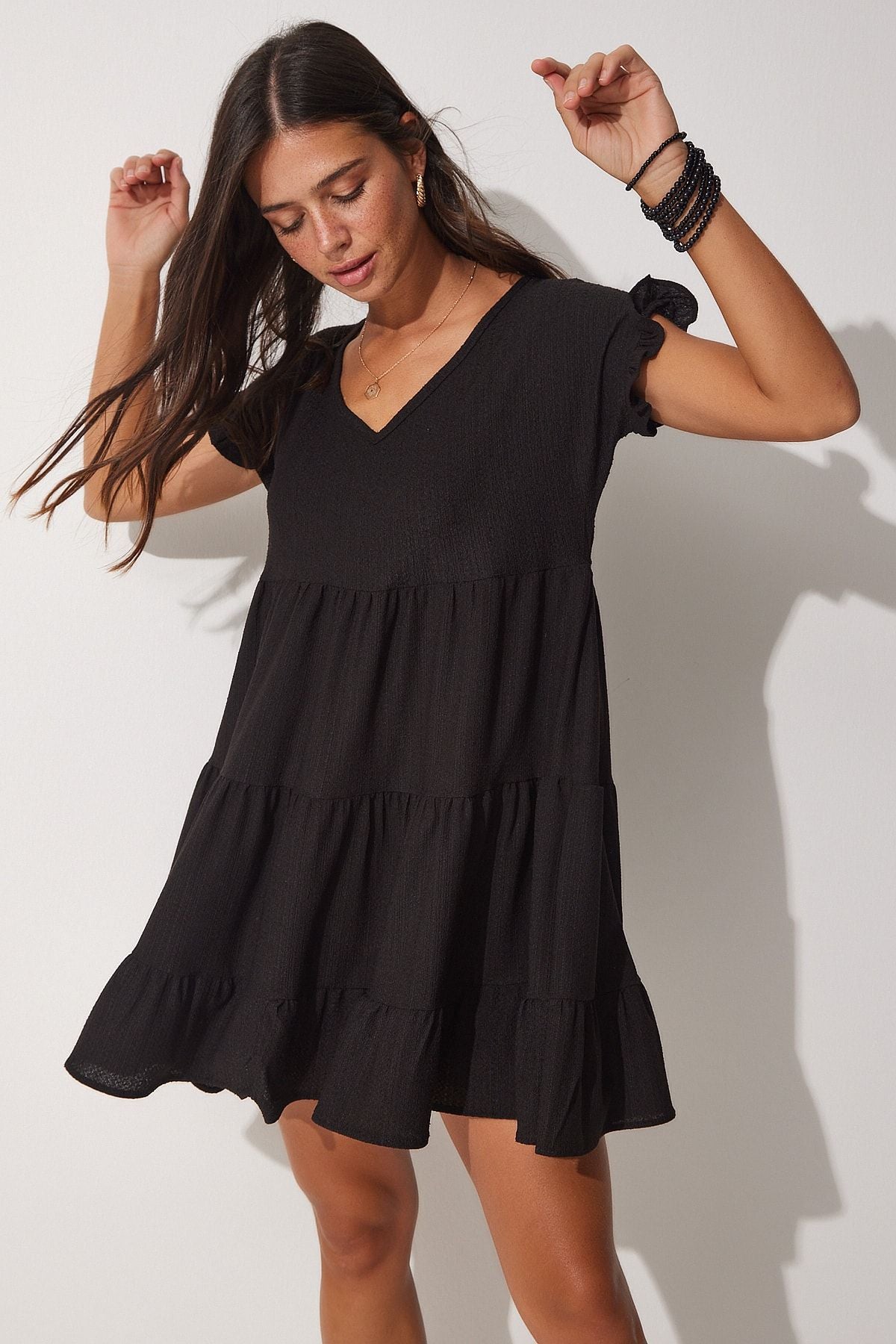 Woman Black V -Yaka Flash Summer Knitting Dress Dz00079