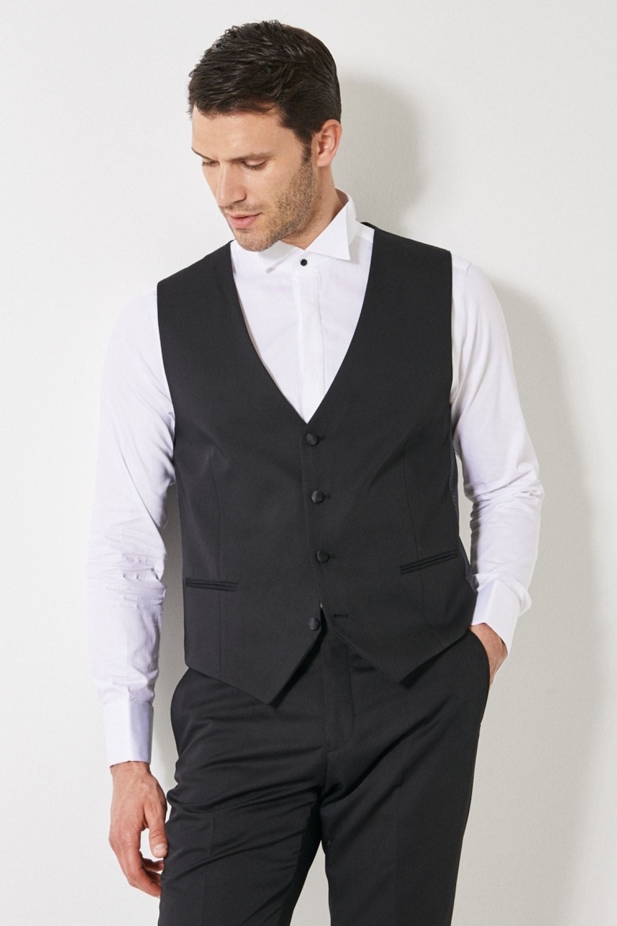 Men's Black Slim Fit Narrow Cut V -Neck Patternic Classic Vest