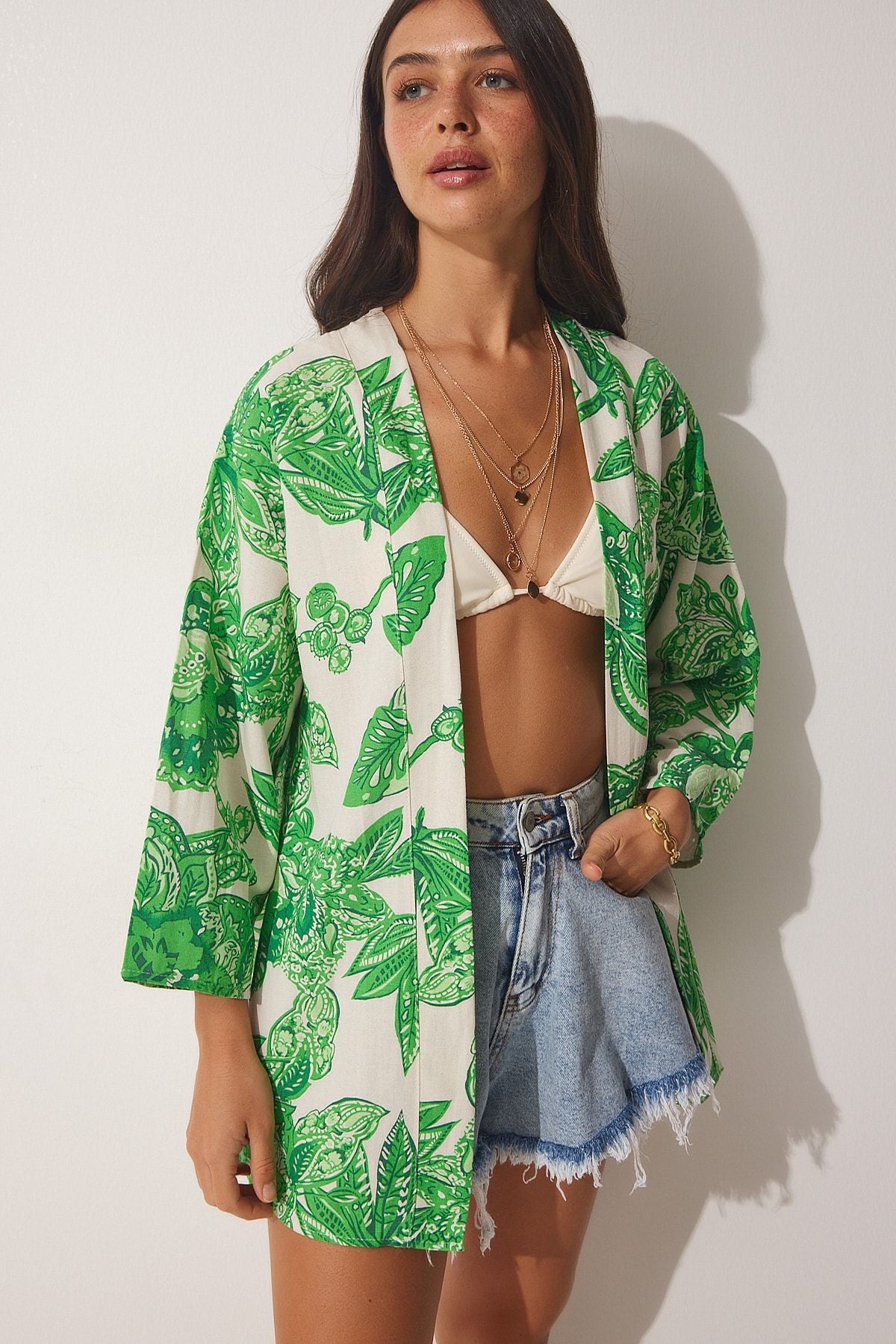 Female green beige patterned linen viscose Kimono BH00381