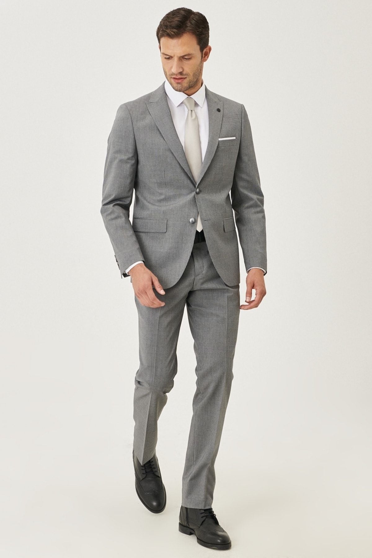 Men's Gray Slim Fit Narrow Cut Patterned Suit Suit