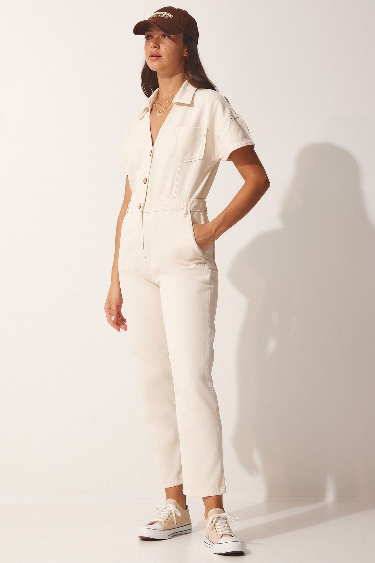 Women's cream polo collar denim tulum wf00044