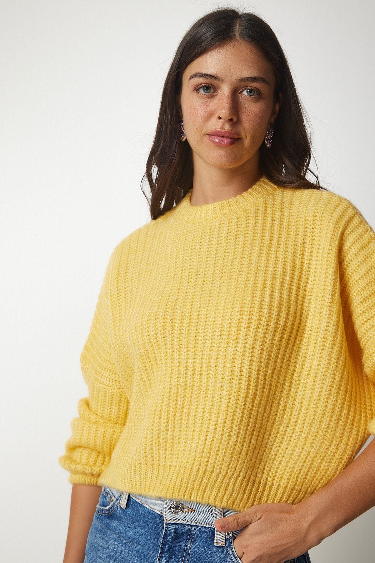 Woman Yellow Balloon Sleeze Basic Knitwear Sweater BV00098