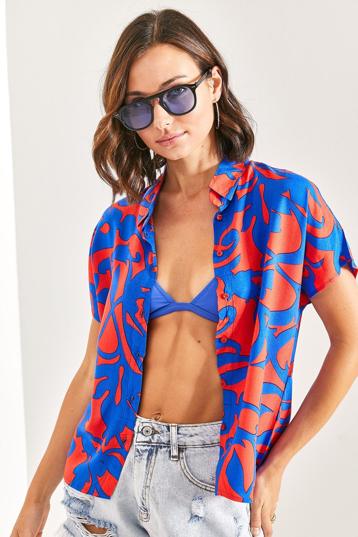 Women's Bat Sleeve Multi Patterned Viscose Shirt 40921019