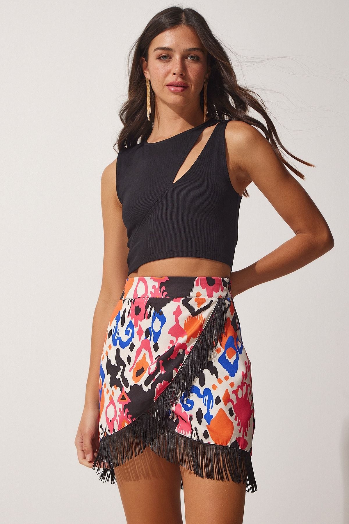 Woman White Pink Tassel and Patterned Anvelop Skirt On00045