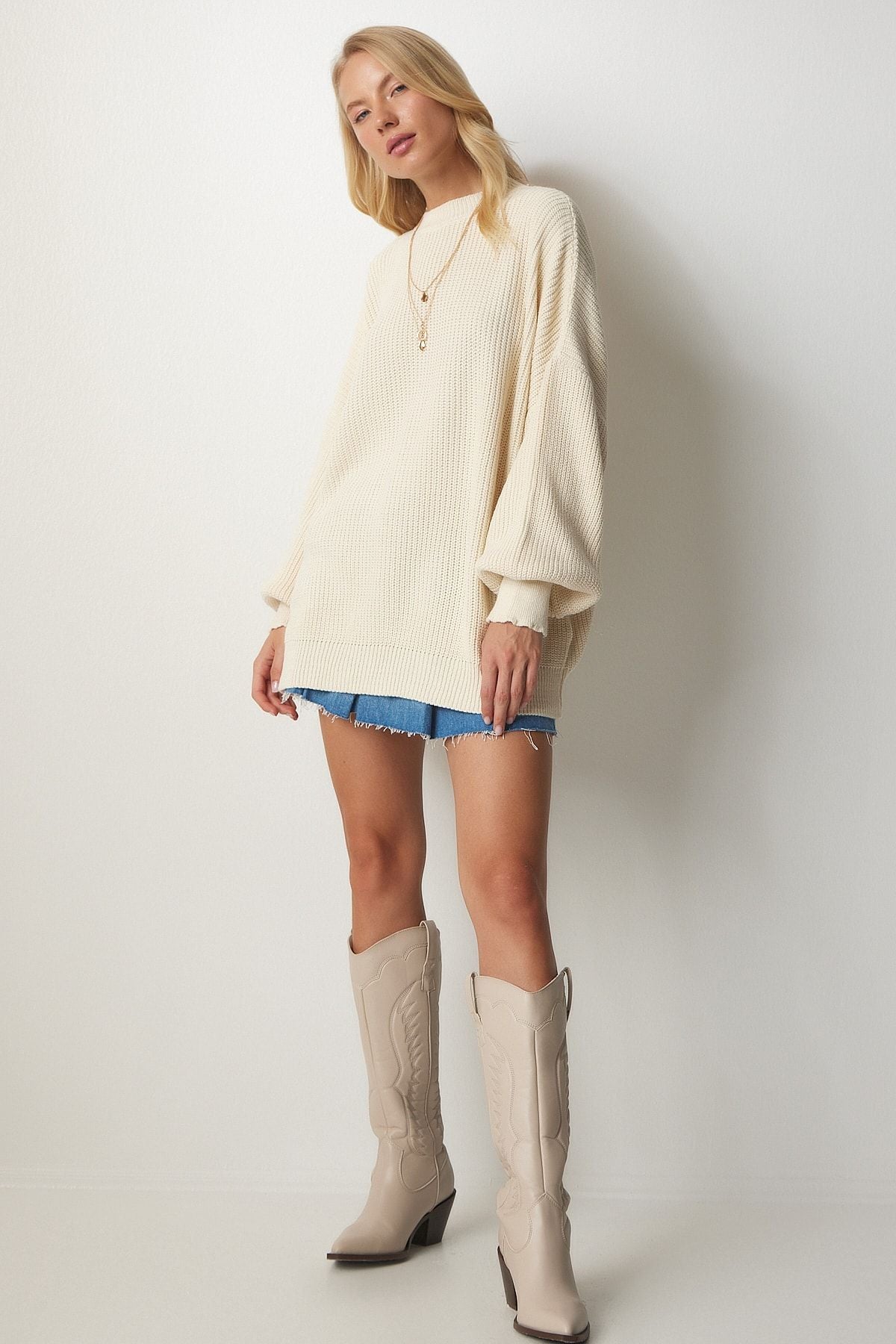 Women's Cream Oversize Basic Knitwear Sweater MX00126