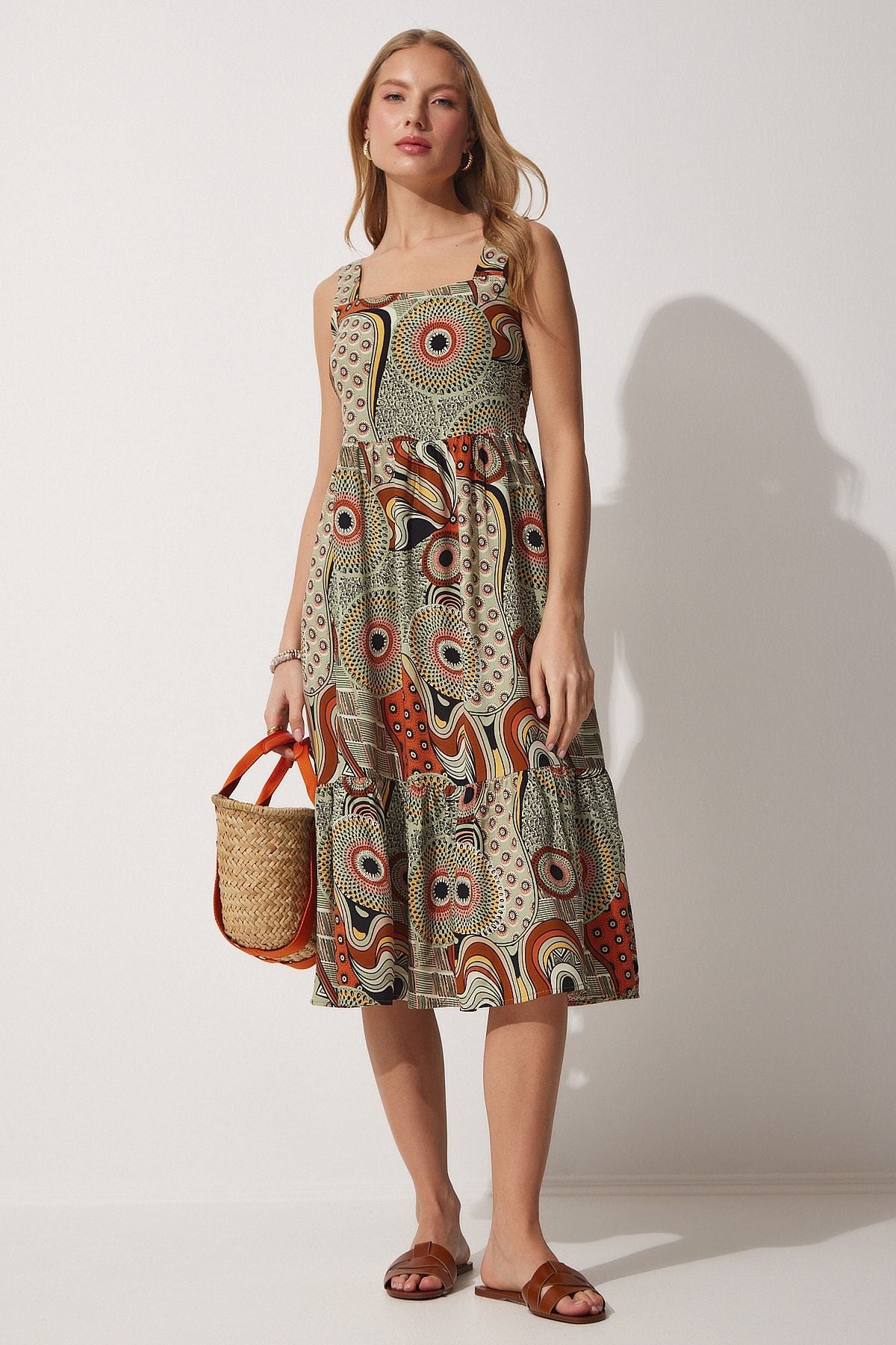 Flowering Square Neck Summer Viscose Dress